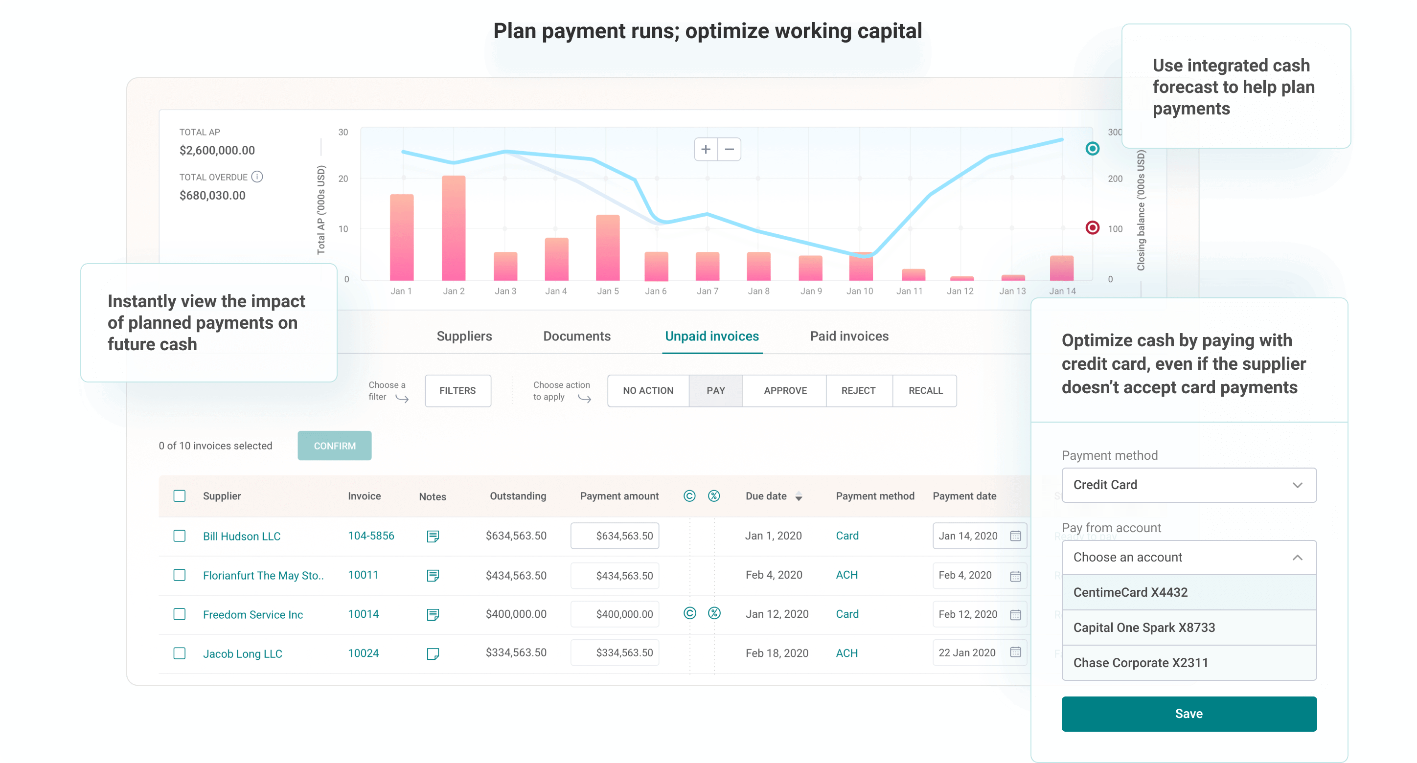 plan payment runs; optimize working capital